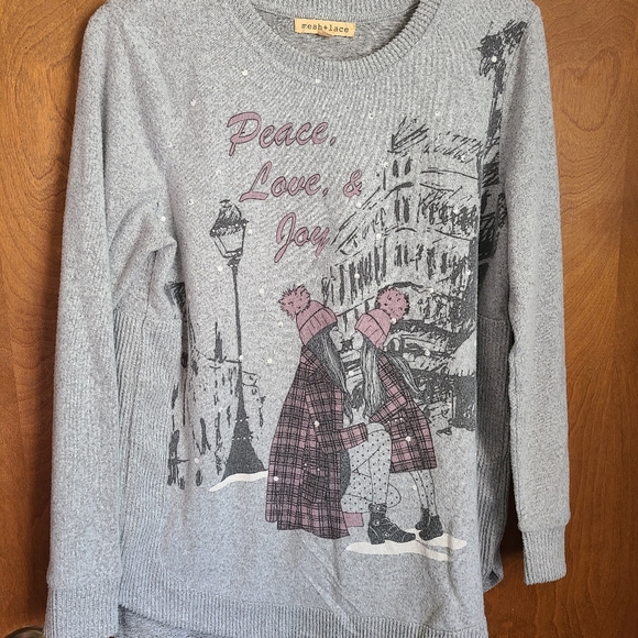 🦩3/$30 Mesh and Lace Gray Holiday Sweater - Picture 1 of 4